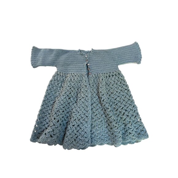 Vintage 50s Infant Handmade Blue Crochet Baby Dress Coat Cardigan With Open Knit - Picture 6 of 6